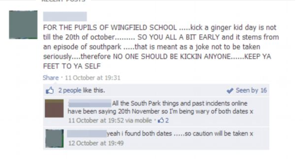 Spekulationer om huruvida det blir en ny "Kick a ginger day" den 20 november.